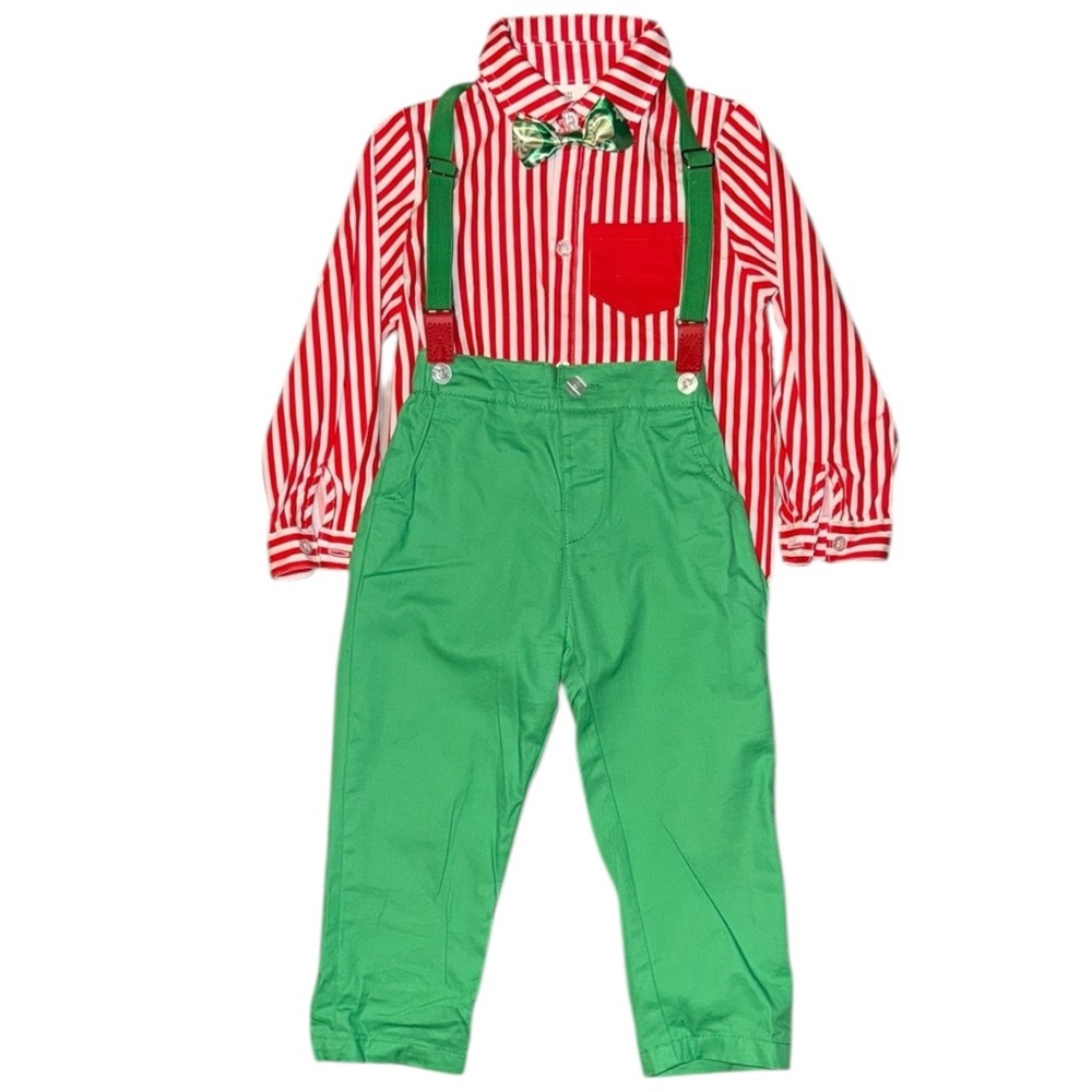 4 PC Candy cane Elf suit with Suspenders and Bow Tie
